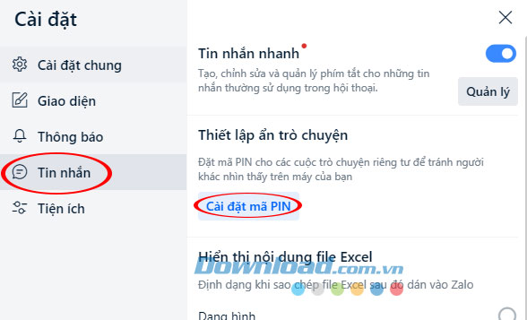 Cài đặt mã pin cho tin nhắn