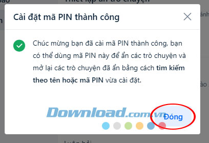 Cài đặt mã pin thành công