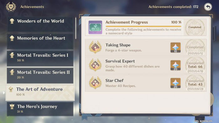 Khi bạn thành thạo 40 công thức nấu ăn sẽ nhận được 20 Nguyên thạch từ thành tích The Art of Adventure