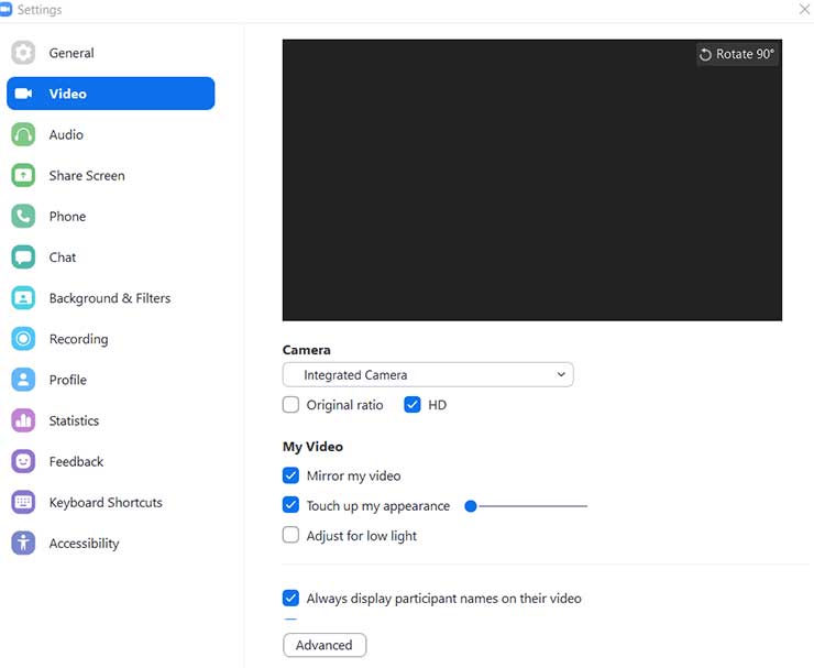Để bật Snap Camera cho các cuộc gọi Zoom, hãy chuyển đến “Camera” trong Video Settings