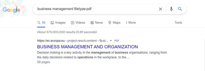 Nhập loại tệp cần tìm kèm theo từ khóa giúp kết quả hiển thị chính xác hơn