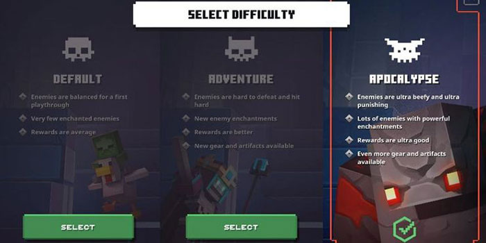 Có 3 chế độ trong Minecraft Dungeons: Chế độ Tiêu chuẩn, Phiêu lưu và Ngày tận thế (Apocalypse)