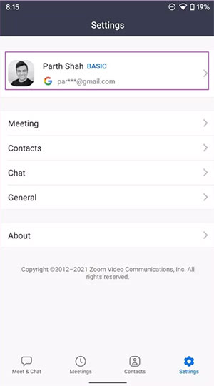 Mở menu Cài đặt trong Zoom trên Android