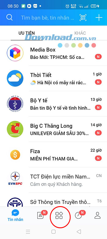 Giao diện chính của Zalo
