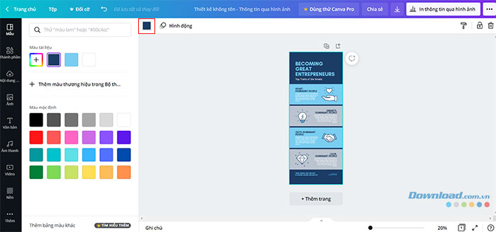 Đối với mẫu có sẵn, người dùng vẫn có thể thay đổi nền hoặc màu nền khi nhấn vào ô màu