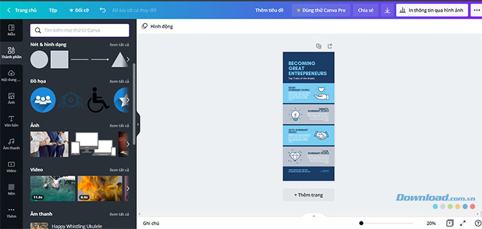 Nhiều tiện ích như Biểu đồ, Đồ họa, Khung, Lưới giúp thiết kế infographic trở nên đẹp mắt và khoa học