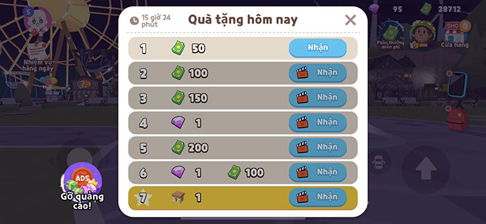 Đăng nhập vào trò chơi mỗi ngày sẽ nhận được các phần quà khác nhau