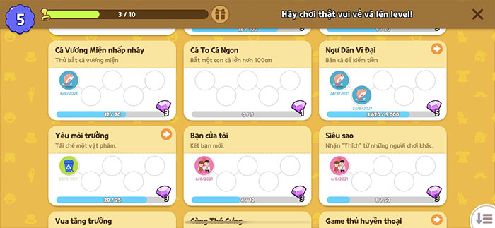 Vượt qua mỗi cấp độ thành tích người chơi sẽ nhận được số kim cương nhất định