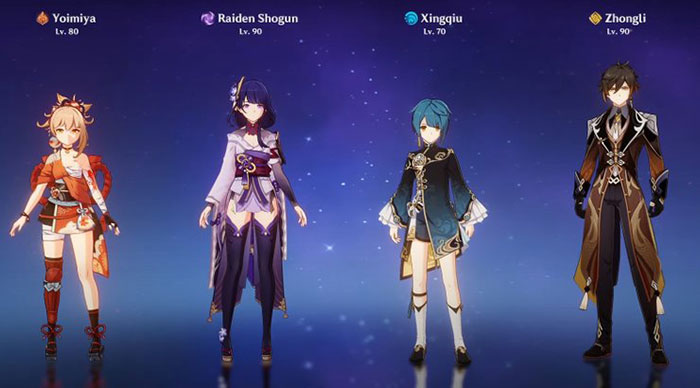 Đội hình Yomiya và Raiden Shogun kết hợp với Xingqiu, Zhongli
