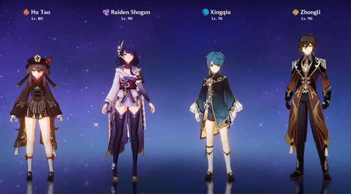 Đội hình Hu Tao và Raiden Shogun kết hợp với Xingqiu, Zhongli