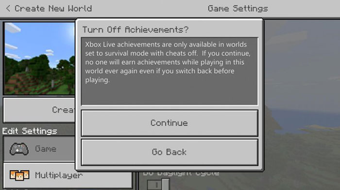 Khi bật cheat code, các thành tựu sẽ bị vô hiệu hóa