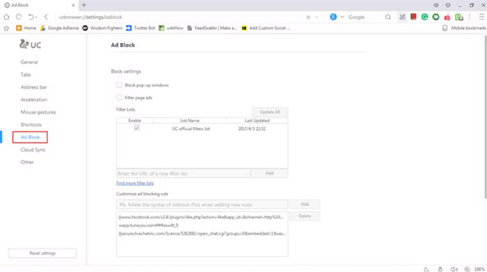 Mở Settings trong UC Browser và chọn Ad Block