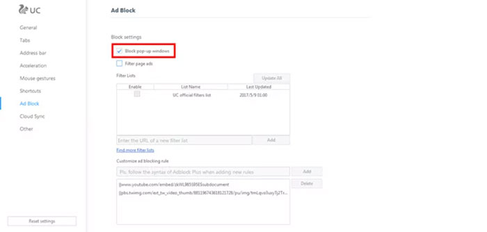 Tích vào ô Block pop-up windows để chặn quảng cáo
