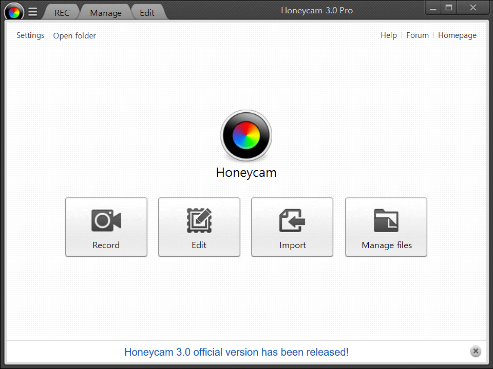 Giao diện bắt đầu của Honeycam