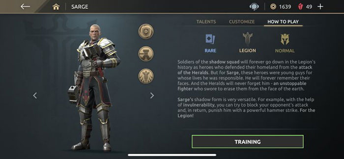 Khu vực Training cho phép chơi thử nhân vật