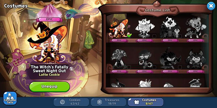 Nhấn nút Equip/Unequip để trang bị hoặc bỏ bộ trang phục cho nhân vật