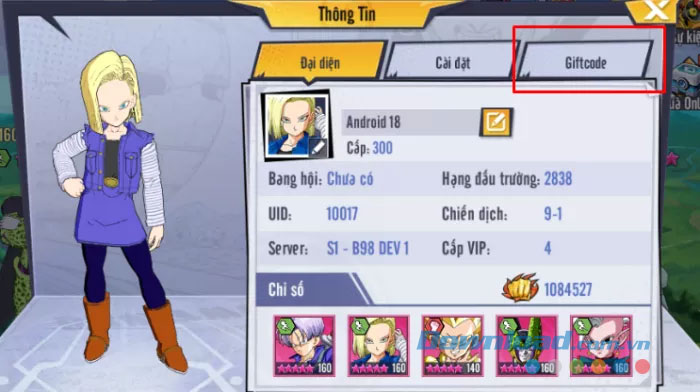 Nhấn Giftcode để nhập mã quà tặng