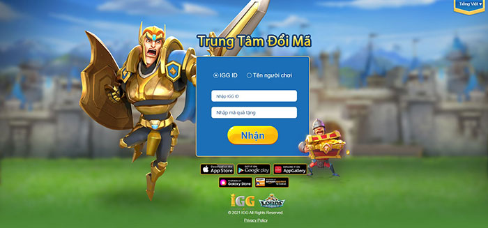 Giao diện trang trung tâm đổi mã của Lords Mobile
