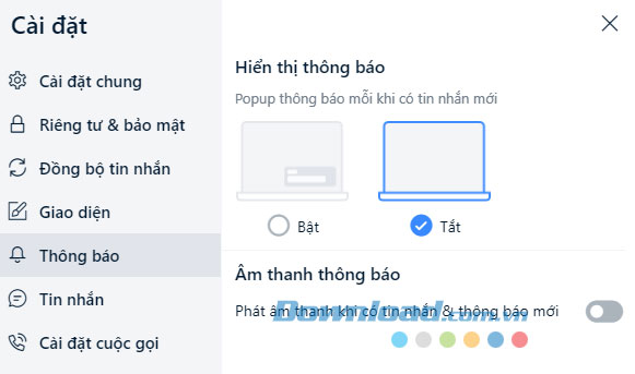 Cửa sổ Cài đặt trên Zalo PC