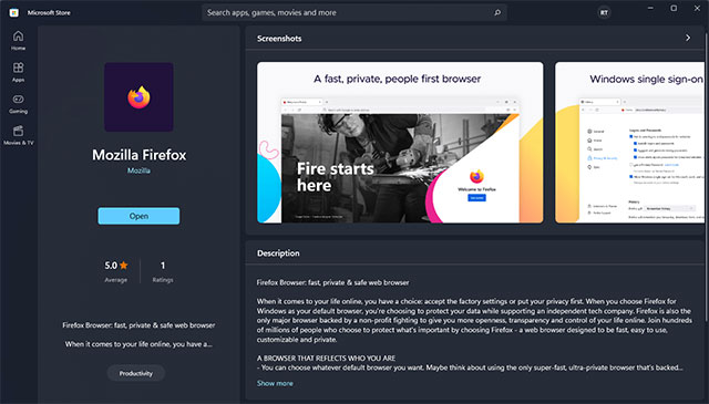 Dễ dàng tải Firefox mới nhất trên cửa hàng Microsoft Store của nền tảng Windows 10, Windows 11