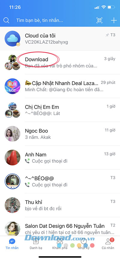 Giao diện chat Zalo