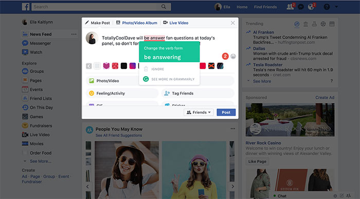 Giao diện Grammarly kiểm tra chính tả trên Facebook
