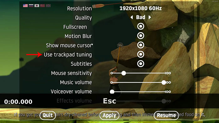 Cài đặt bật chế độ trackpad trong Getting Over It