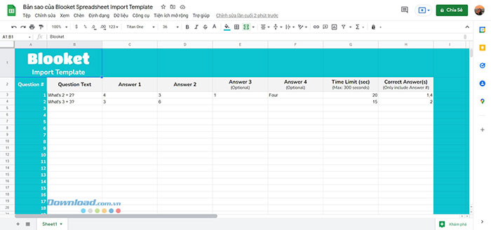 Mẫu bảng tính để thêm câu hỏi vào Blooket bằng Google Sheet