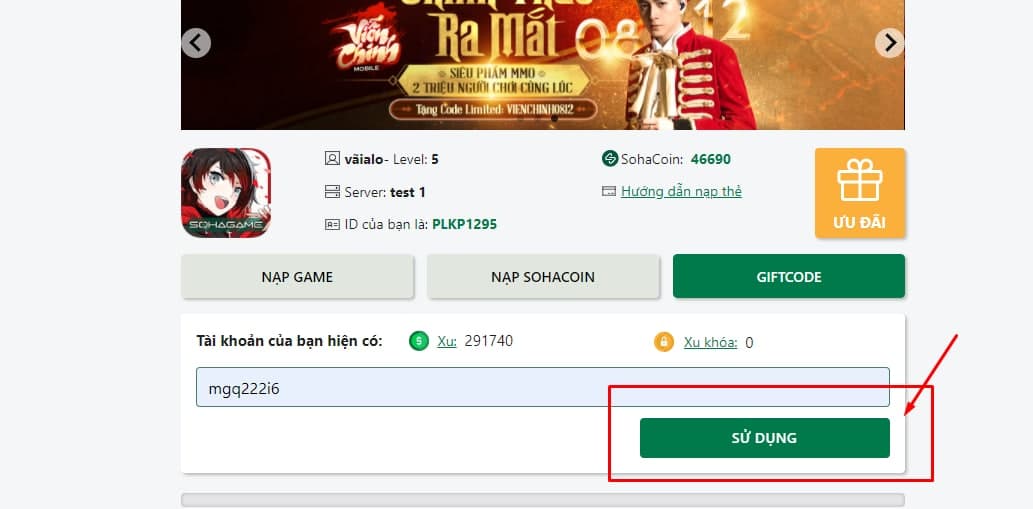 Giao diện chính nhập mã quà tặng của game Học Viện Siêu Nhiên