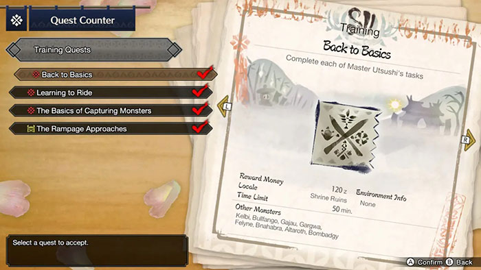 Thực hiện nhiệm vụ luyện tập sẽ giúp game thủ nhanh chóng tiến bộ trong Monster Hunter Rise