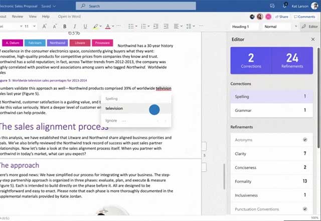 Editor sẽ cung cấp các gợi ý về ngữ pháp, kiểm tra chính tả và đề xuất văn phong