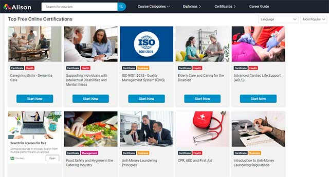 Alison cung cấp hàng ngàn các khóa học trực tuyến với chứng chỉ liên quan