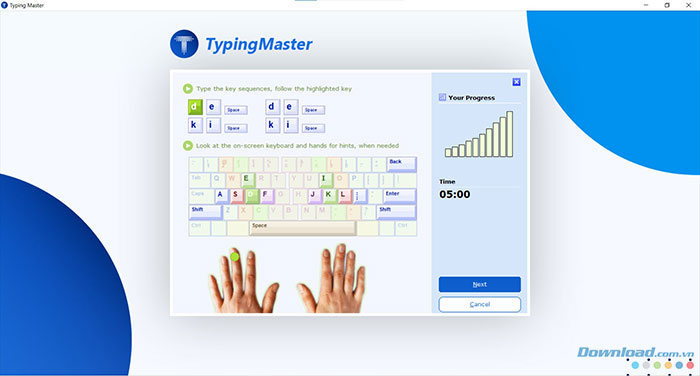 Giao diện một bài học trong Typing Master