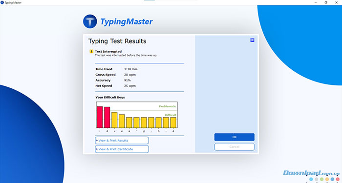 Typing Master sẽ thống kê kỹ năng đánh máy sau bài kiểm tra