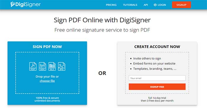 DigiSigner là trang web tạo chữ ký trực tuyến miễn phí trên file PDF