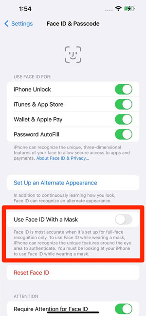 Thiết lập mở FaceID cùng khẩu trang