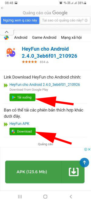 Ấn vào link tải để tải qua store hoặc tải HeyFun APK về cài đặt