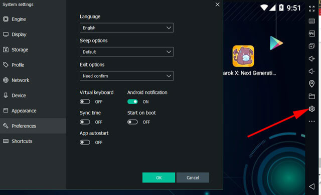 Ấn vào icon hình bánh răng để thiết lập