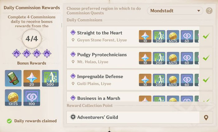 Hoàn thành các nhiệm vụ hàng ngày để nhận thưởng là Primogems