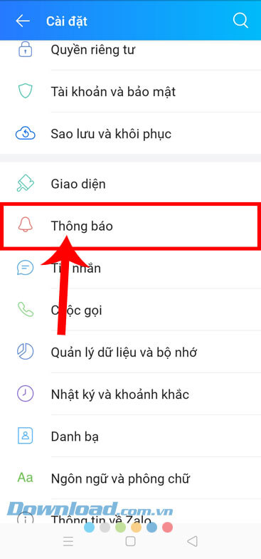 Chạm vào mục Thông báo