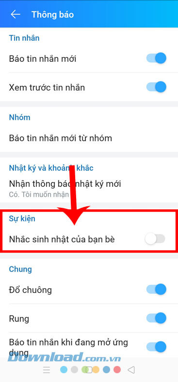 Tắt công tắc tại mục Nhắc sinh nhật của bạn bè