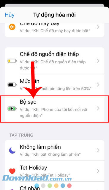 Ấn vào mục Bộ sạc