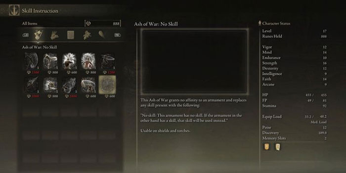 No Skill Ash Of War trong Elden Ring