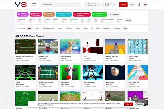 Bạn có thể chơi rất nhiều game cổ điển trên Y8 Browser