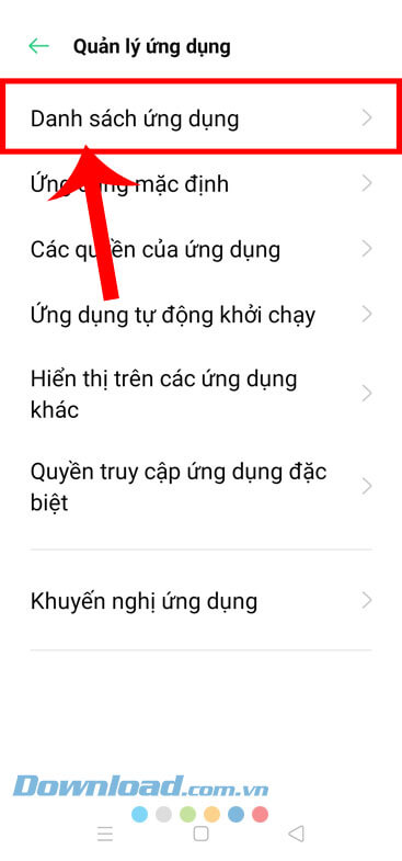 Chạm vào mục Danh sách ứng dụng