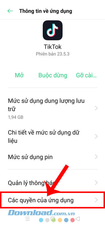 Nhấn vào mục Các quyền của ứng dụng