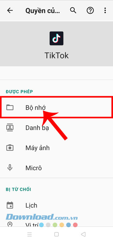 Ấn vào mục Bộ nhớ