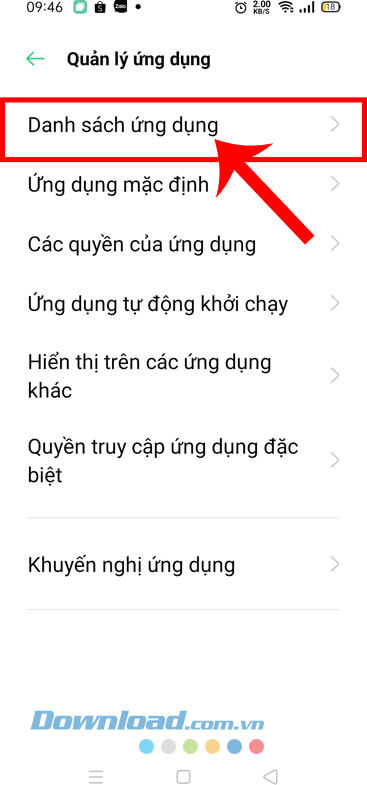 Chạm vào mục Danh sách ứng dụng
