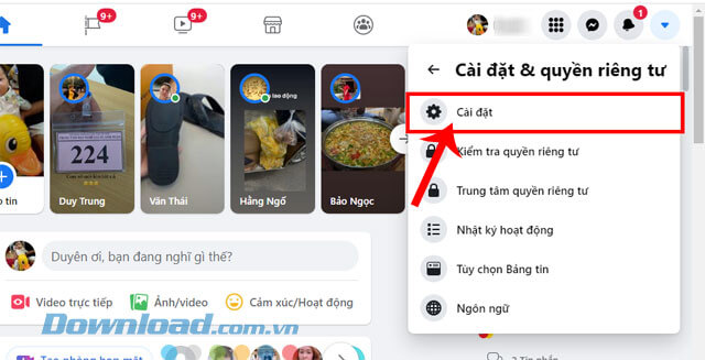 Nhấp chuột vào mục Cài đặt
