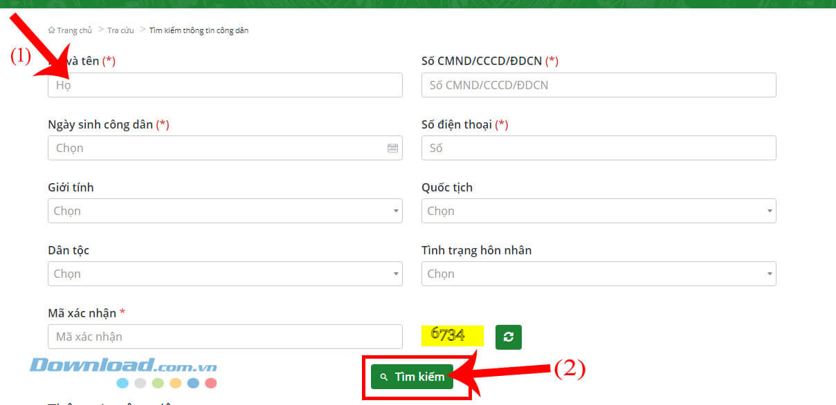 Nhập thông tin cần thiết và ấn vào nút Tìm kiếm